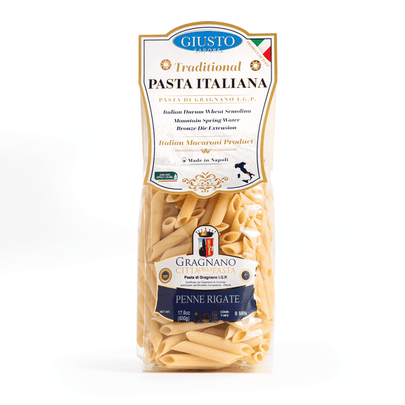Giusto Sapore Penne Rigate Pasta Gragnano IGP, Imported Italian Artisan Dry Pasta, Ridged Diagonal-Cut Tubes, 17.6 oz (500g)