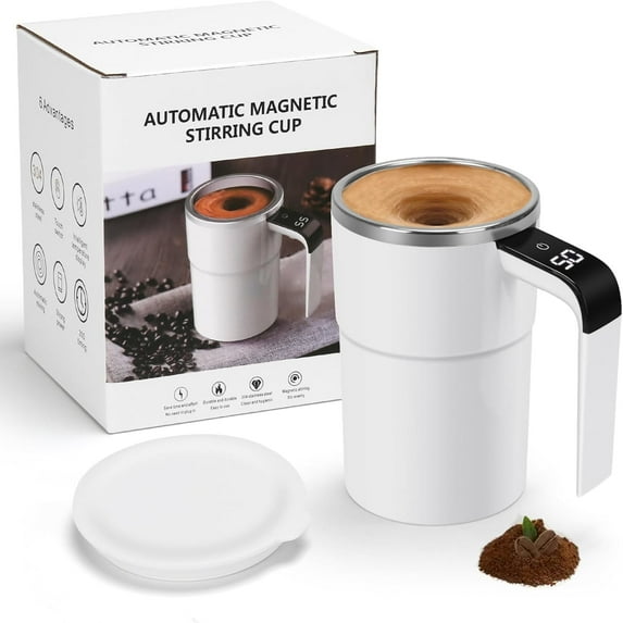 GivAngel Self Stirring Mug, Auto Coffee Mug with LED Display Temperature, Rechargeable Automatic Stirring Mug, 12oz Self Mixing Cup with Lid to Stir Coffee Mixed Milk at Desk Use(White)