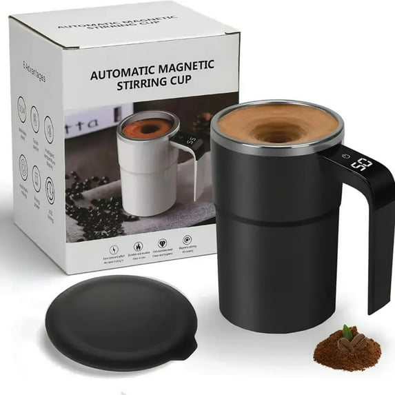 GivAngel Self Stirring Mug, Auto Magnetic Coffee Mug with LED Display Temperature, Rechargeable Automatic Stirring Mug, 12oz Self Mixing Cup with Lid To Stir Coffee Mixed Milk at Desk Use(Black)