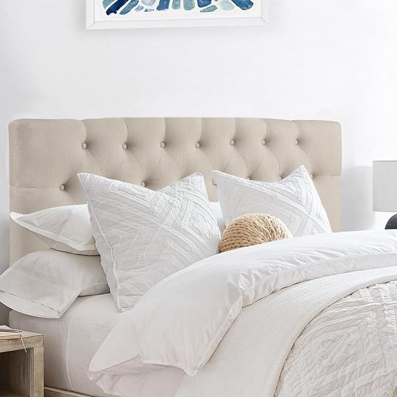 Givanna Adjustable Height Headboard with Linen Upholstery and Button Tufting for Bedroom, Queen, Beige Linen