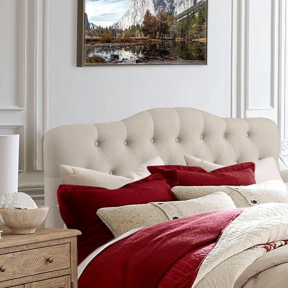 Givanna Adjustable Height Headboard with Linen Upholstery and Button Tufting for Bedroom, Queen, Beige Linen