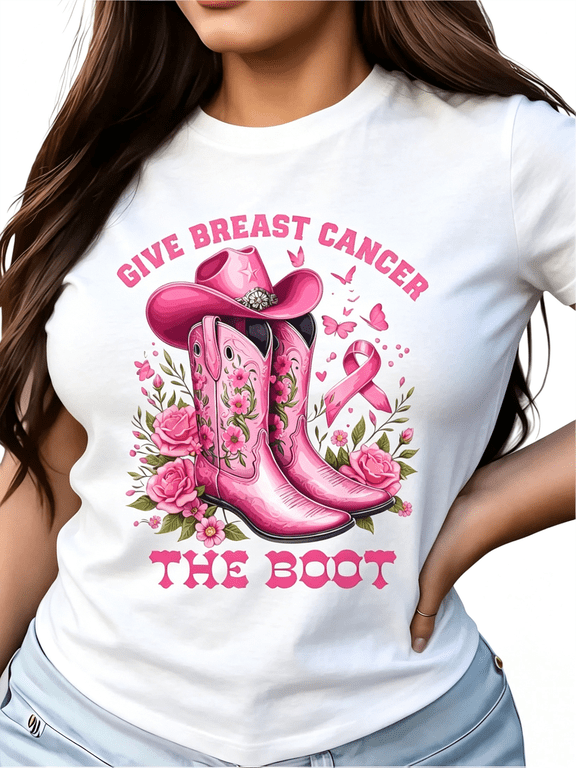 Give Breast Cancer The Boot Pink Cowboy Boots Breast Cancer Awareness Graphic Short Sleeve T-Shirt Women