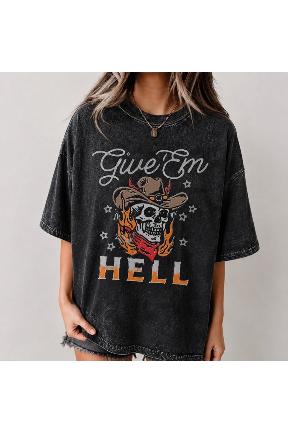 Give Em Hell Cowboy Skull Washed T-Shirt Unisex Graphic Tee S-5XL