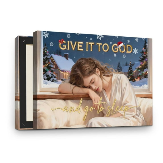 Give It to God and Go to Sleep Christmas Canvas Wall Art – Festive Snowy Scene with Lit Trees, Santa Hat Accent, Inspirational Christian Holiday Decor for Bedroom, Faith Gift for Women