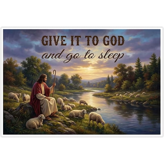Give It to God and Go to Sleep Jesus Shepherd Canvas Print Wall Art for Bedroom Living Room Decor,Religious Inspirational Poster with Sheep by River Sunset Scene--