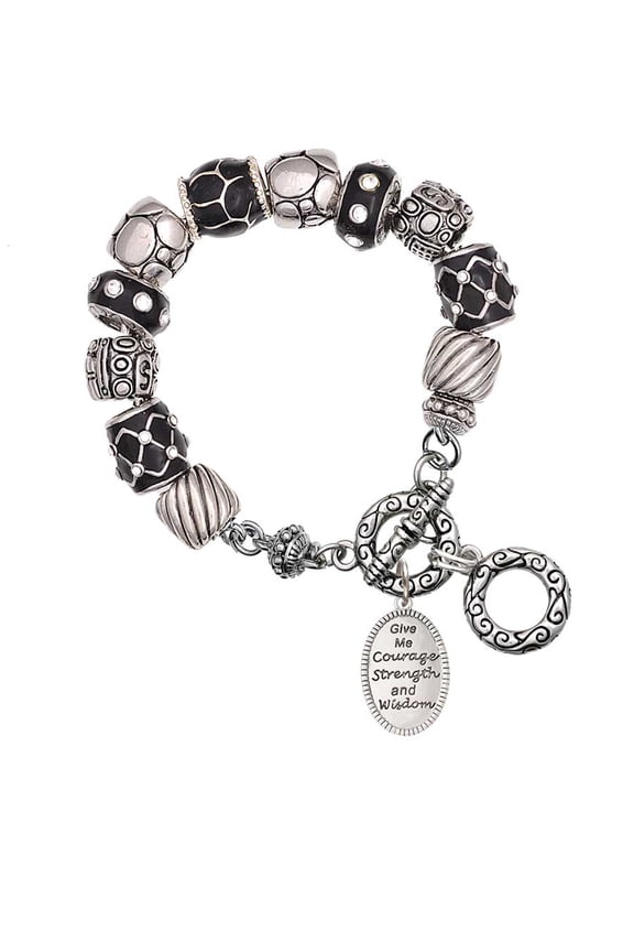 Give Me Courage Strength Wisdom Medallion Black Pebble Bead Charm Bracelet