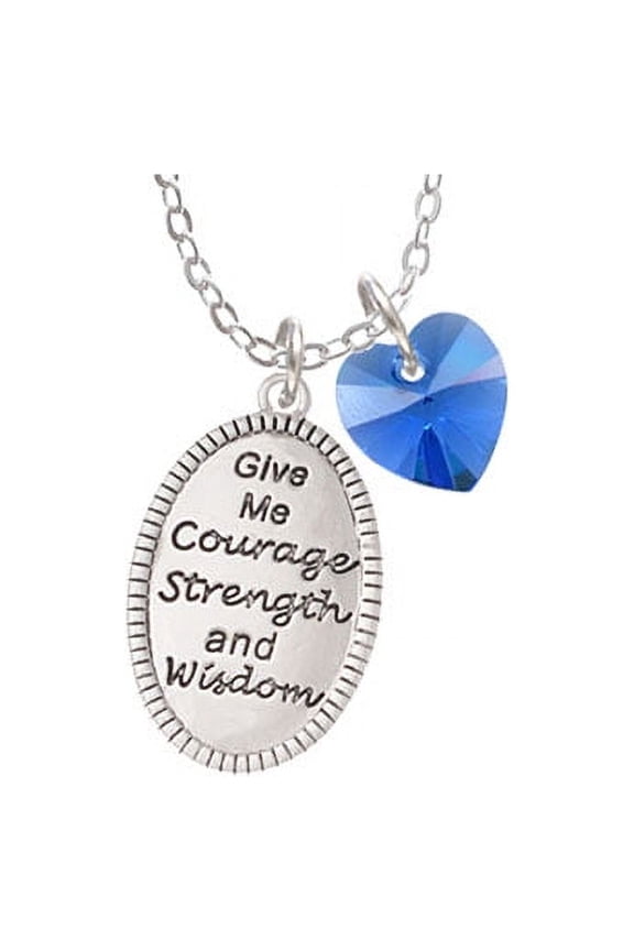 Give Me Courage Strength Wisdom Medallion - Blue Crystal Heart Sophia Necklace, 18"+1"