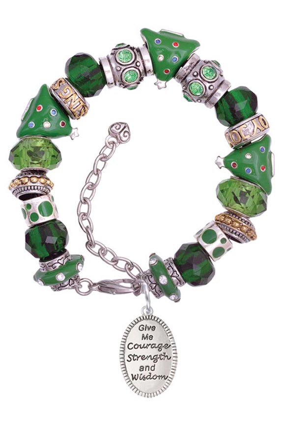 Give Me Courage Strength Wisdom Medallion Green Christmas Bead Bracelet