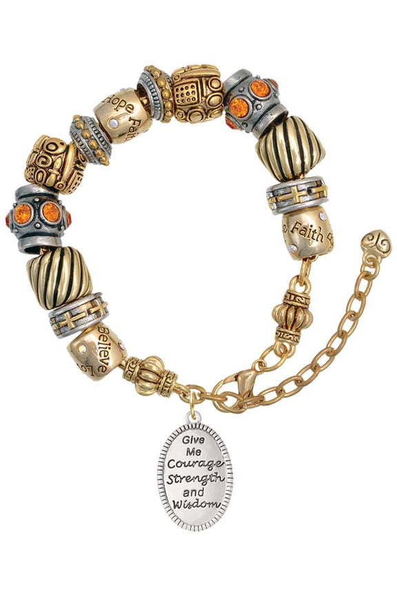 Give Me Courage Strength Wisdom Medallion Two Tone Christian Bead Bracelet