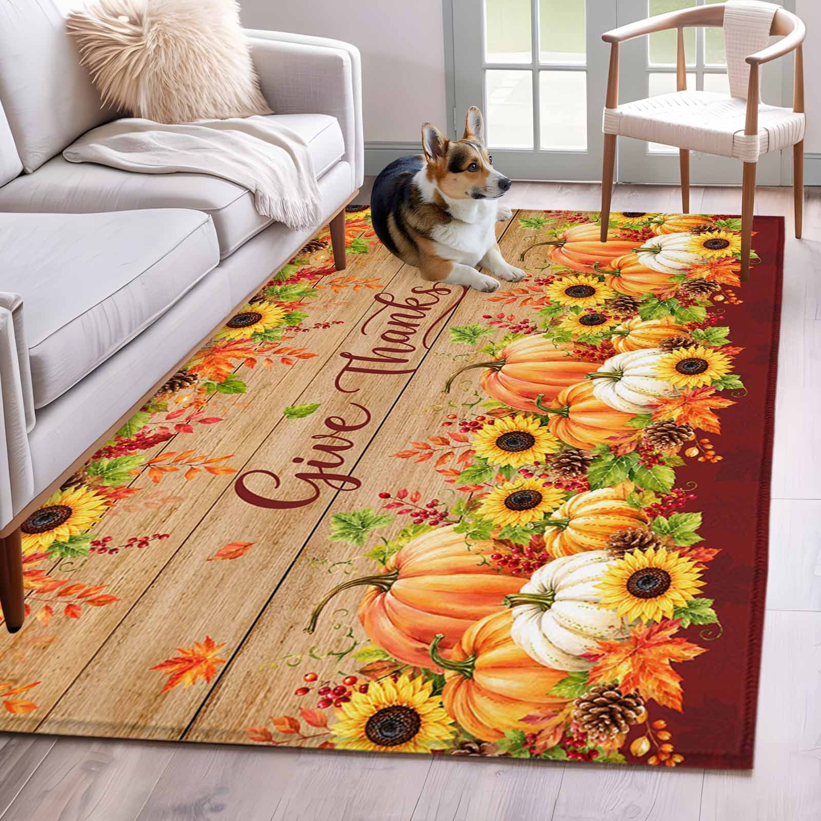 Give Thanks Area Rugs 4x6ft Fall Harvest Pumpkins Sunflower Leaf Retro ...