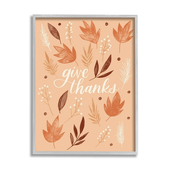 Give Thanks Autumnal Leaves Holiday Graphic Art Gray Framed Art Print Wall Art