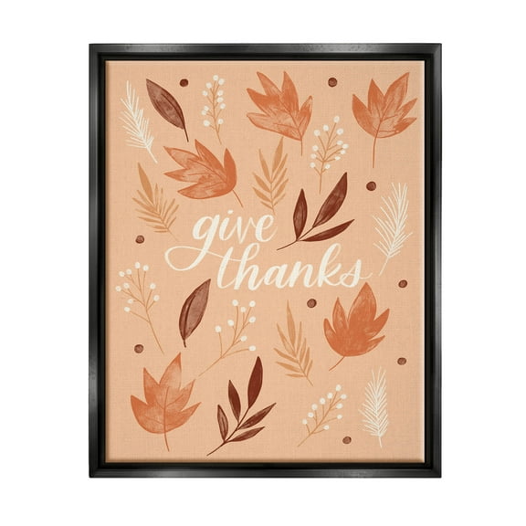 Give Thanks Autumnal Leaves Holiday Graphic Art Jet Black Framed Art Print Wall Art