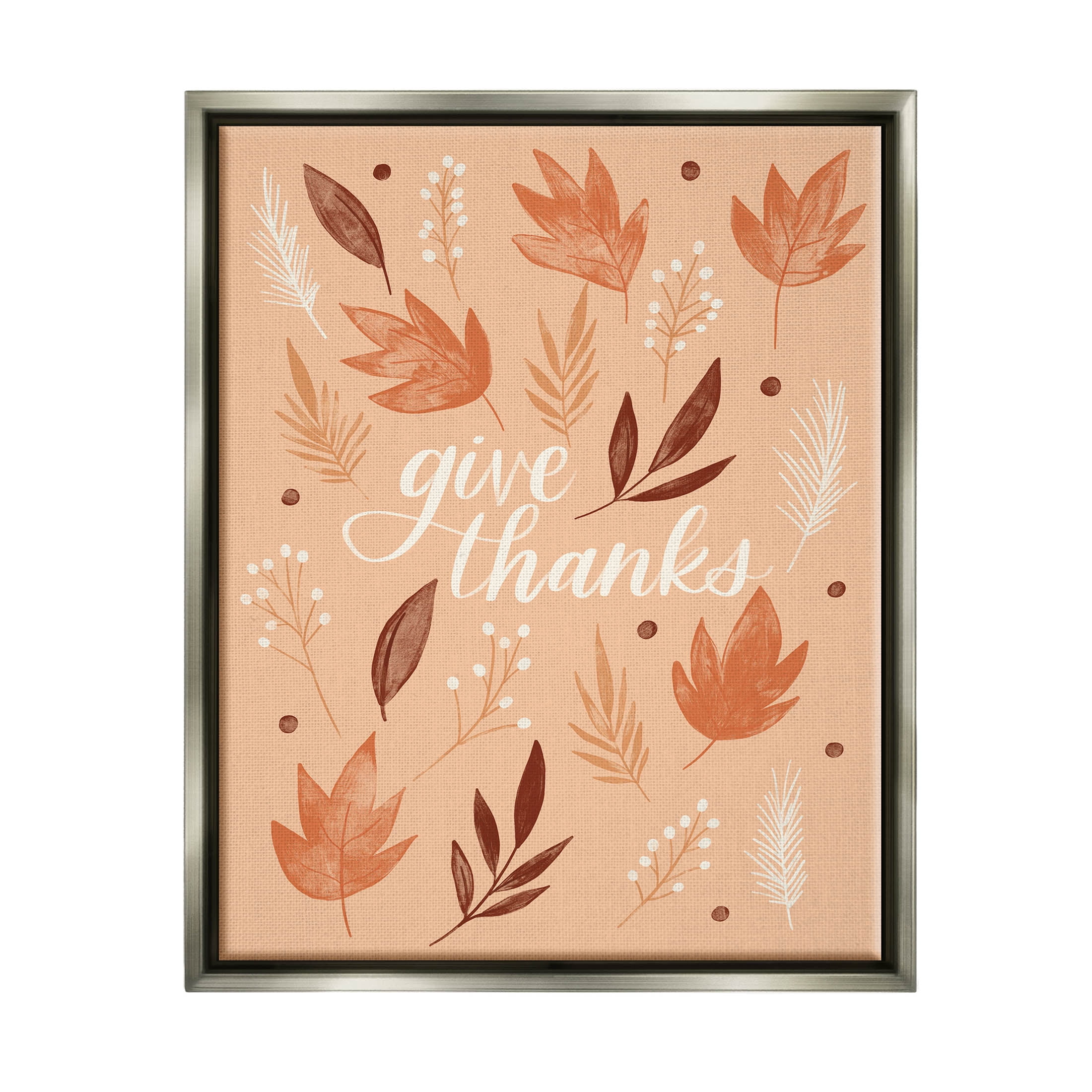 Give Thanks Autumnal Leaves Holiday Graphic Art Luster Gray Framed Art Print Wall Art