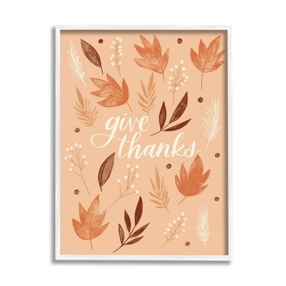 Give Thanks Autumnal Leaves Holiday Graphic Art White Framed Art Print Wall Art