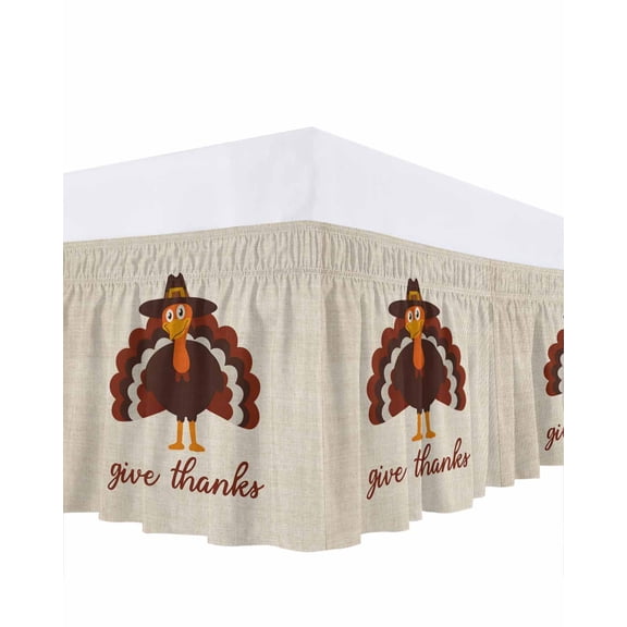 Give Thanks Bed Skirt King Size 16 Inch Drop, Thanksgiving Turkey Fall Linen Texture Wrap Around Dust Ruffle Bedskirts, Wrinkle & Fade Resistant Easy Fit Bedskirt with Adjustable Elastic