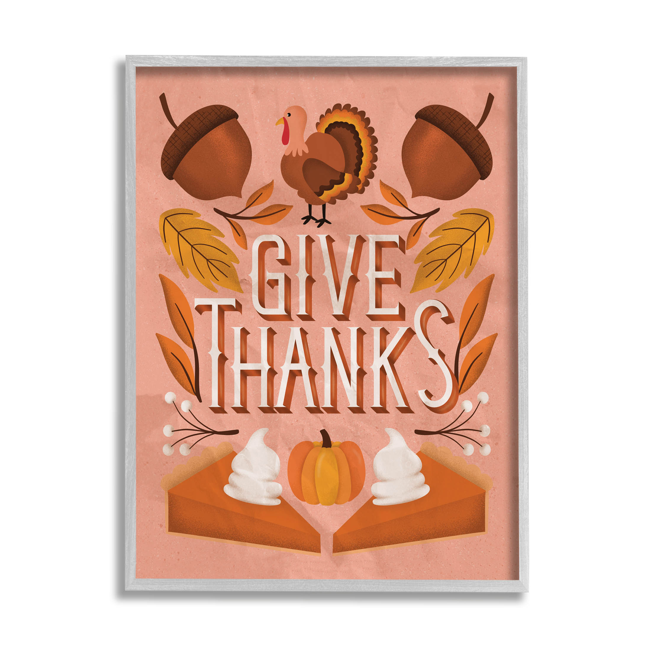 Give Thanks Botanical Pumpkin Desserts Holiday Graphic Art Gray Framed Art Print Wall Art