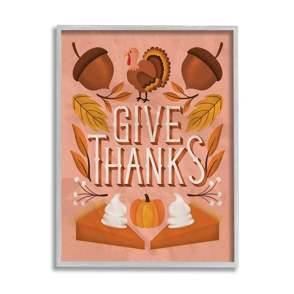 Give Thanks Botanical Pumpkin Desserts Holiday Graphic Art Gray Framed Art Print Wall Art