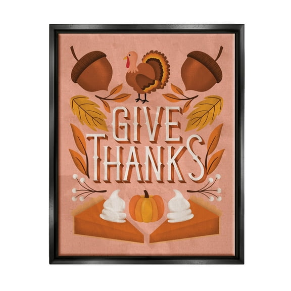 Give Thanks Botanical Pumpkin Desserts Holiday Graphic Art Jet Black Framed Art Print Wall Art