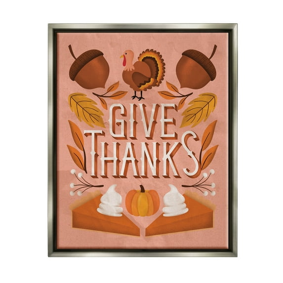 Give Thanks Botanical Pumpkin Desserts Holiday Graphic Art Luster Gray Framed Art Print Wall Art
