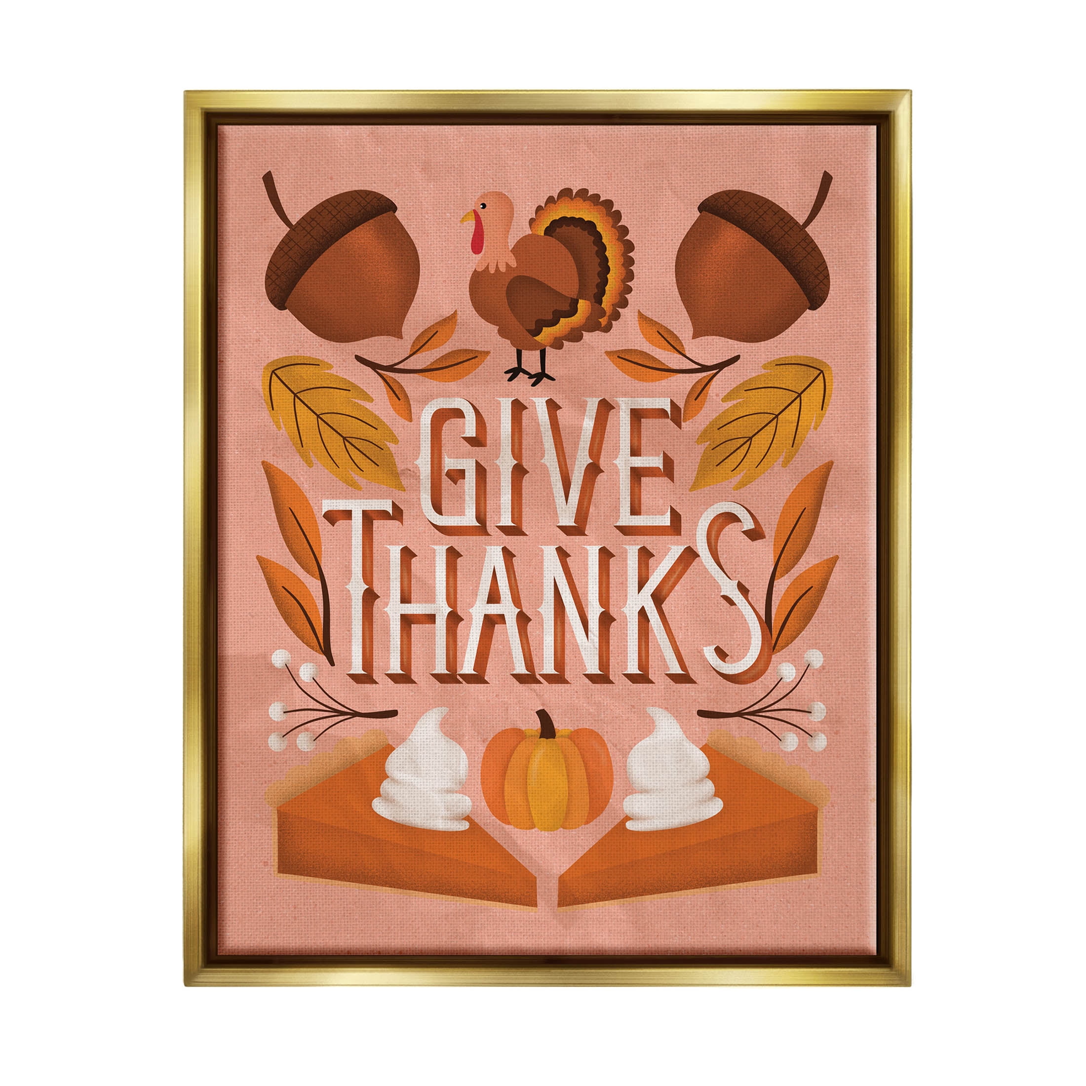 Give Thanks Botanical Pumpkin Desserts Holiday Graphic Art Metallic Gold Framed Art Print Wall Art
