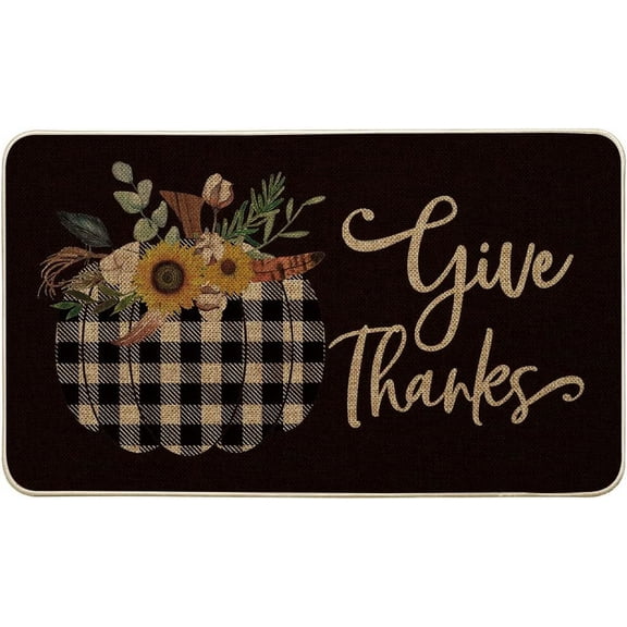 Give Thanks Buffalo Plaid Pumpkin Decorative Doormat Black, Seasonal Fall Harvest Vintage Thanksgiving Low-Profile Floor Mat Switch Mat for Indoor Outdoor 17x30 Inch