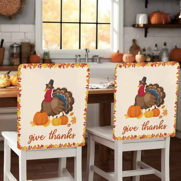 Give Thanks Chair Covers Set of 1 Thanksgiving Turkey Retro Fall Maple Leaves Chair Back Covers Stretch Removable Washable Slipcovers Protector for Dining Room Kitchen Party Decor