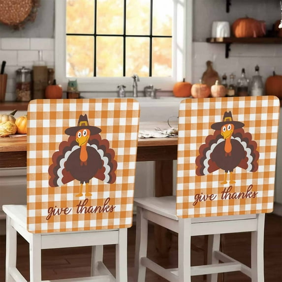 Give Thanks Chair Covers Set of 6 Thanksgiving Turkey Fall Orage Plaid Chair Back Covers Stretch Removable Washable Slipcovers Protector for Dining Room Kitchen Party Decor