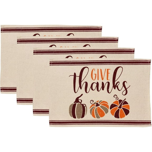 Give Thanks with Colorful Pumpkin, Set of 4, Cotton Placemats for Fall, Thanksgiving Kitchen Dining Table Easy to Clean, Machine Washable, Size: 13” x 19”.