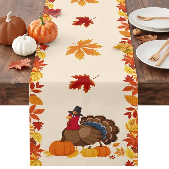 Give Thanks Dining Table Runner, Thanksgiving Turkey Retro Fall Maple Leaves Washable Table Runners Kitchen Coffee Table Center Decor for Home Party Holiday Wedding 13 x 70 Inches