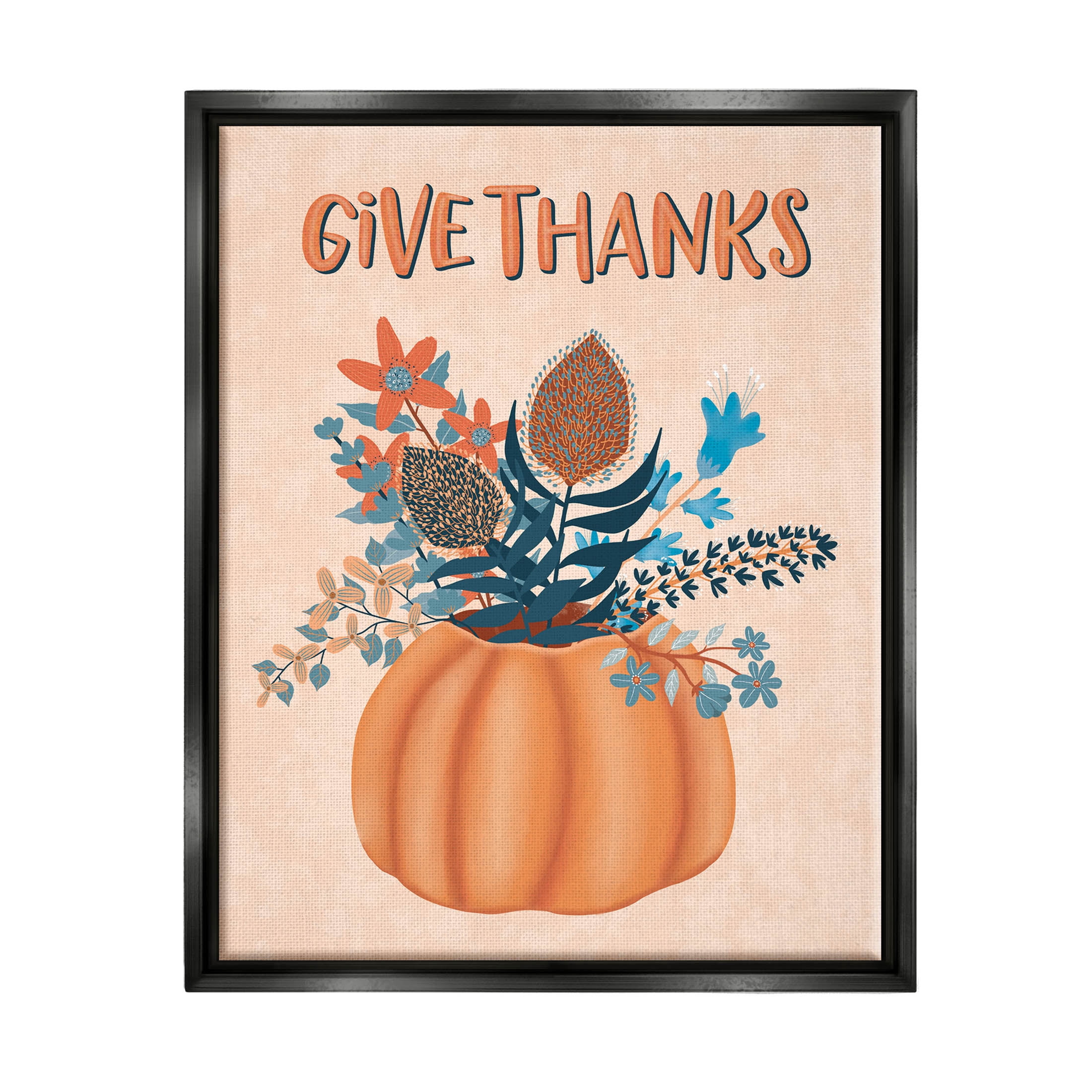 Give Thanks Fall Botanical Blooms Holiday Graphic Art Jet Black Framed Art Print Wall Art