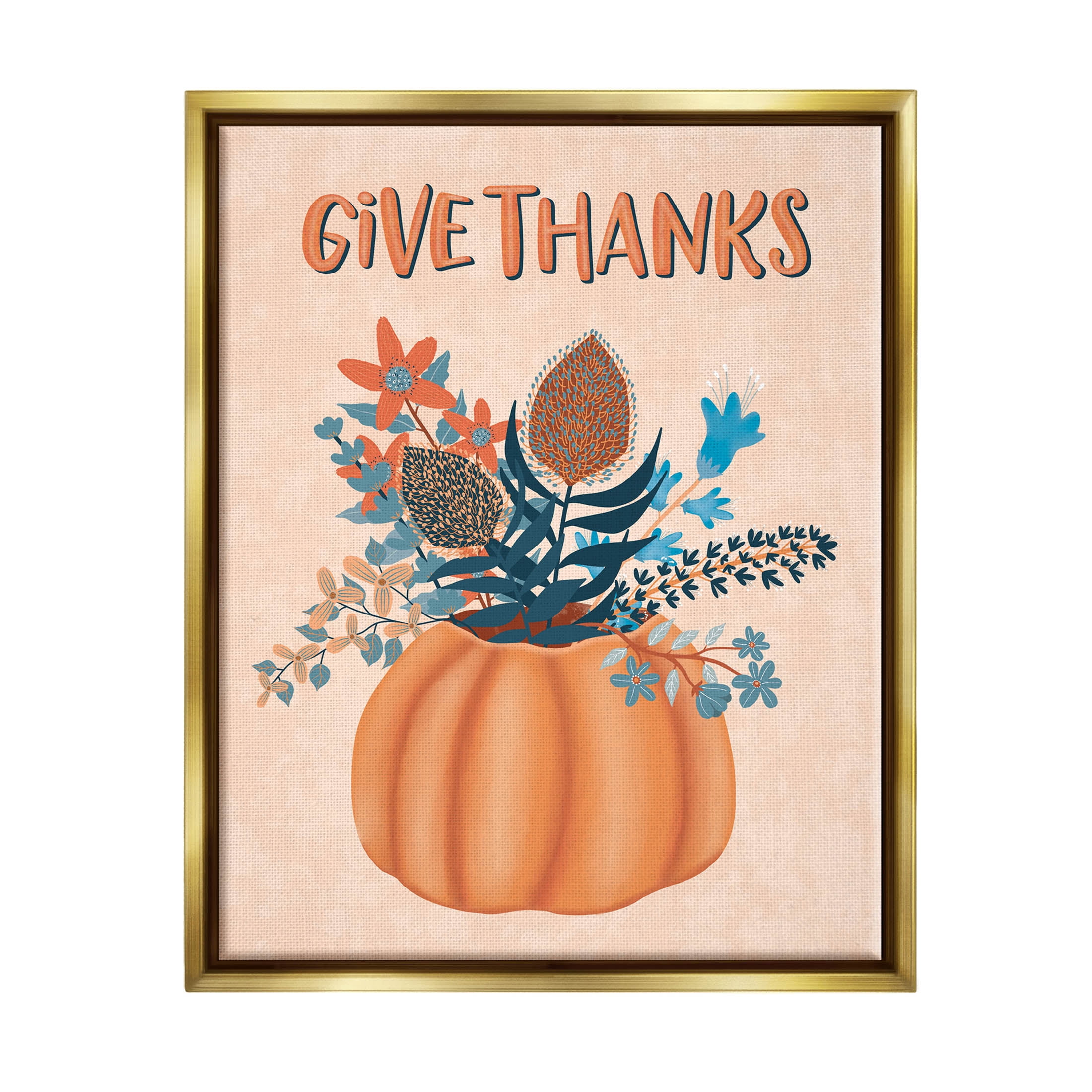 Give Thanks Fall Botanical Blooms Holiday Graphic Art Metallic Gold Framed Art Print Wall Art