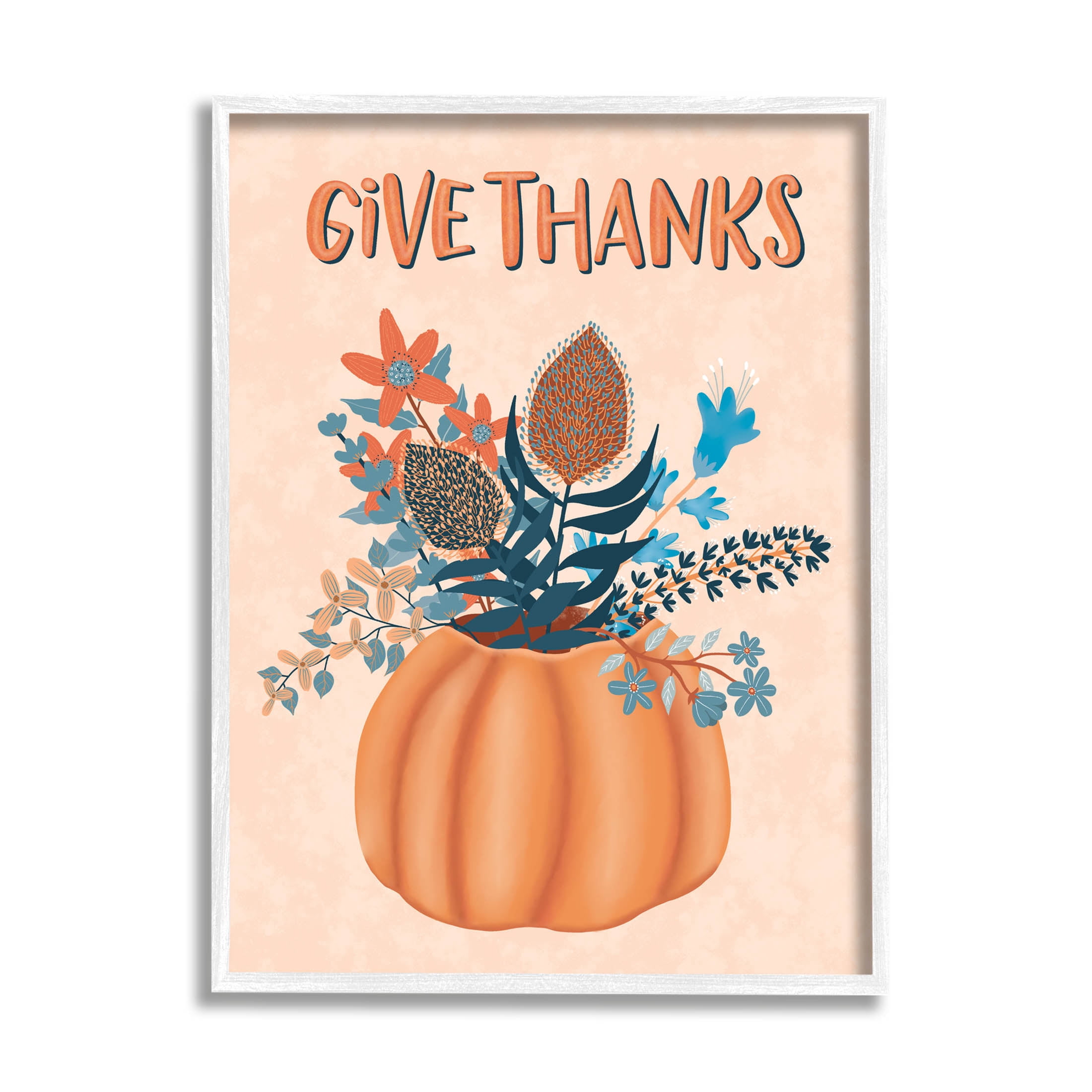 Give Thanks Fall Botanical Blooms Holiday Graphic Art White Framed Art Print Wall Art