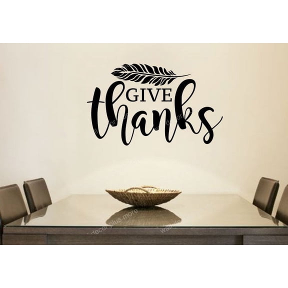 Give Thanks Feather Vinyl Decal Fall Wall Art Sticker Quote Autumn Decor 23x14-Inch Black