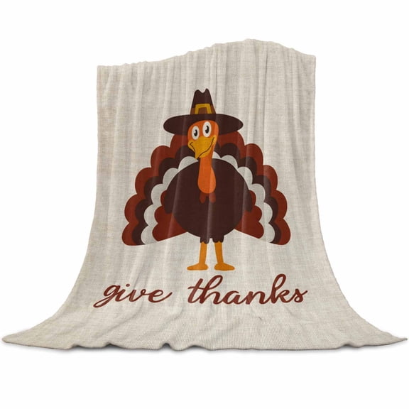 Give Thanks Flannel Blanket for Bed,Travel and Camping, Thanksgiving Turkey Fall Linen Texture Super Soft Cozy Blanket for All Seasons 30"x40"