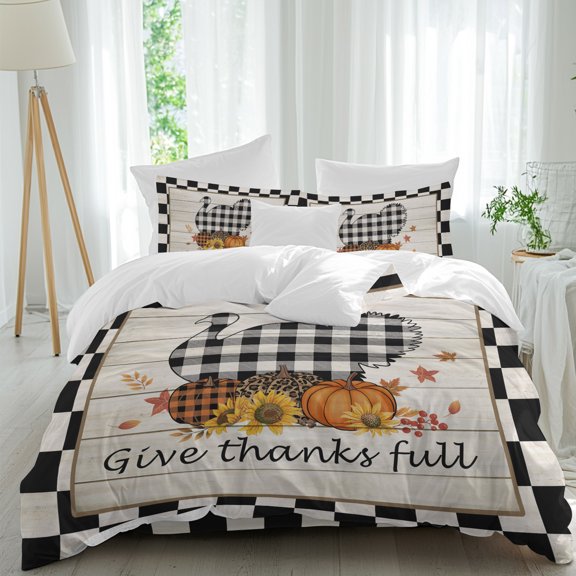 Give Thanks Full King Duvet Cover Set, Thanksgiving Turkey Pumpkin Wood Black Plaid 4 Piece Microfiber Bedding Set with Zipper Closure, Bed Sheet and 2 Pillow Shams, Soft Bedding Cover