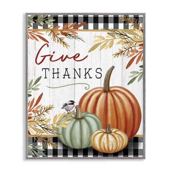 Stupell Industries Give Thanks Gingham & Pumpkins Gray Framed Giclee Art, design by Elizabeth Tyndall, 14 x 11
