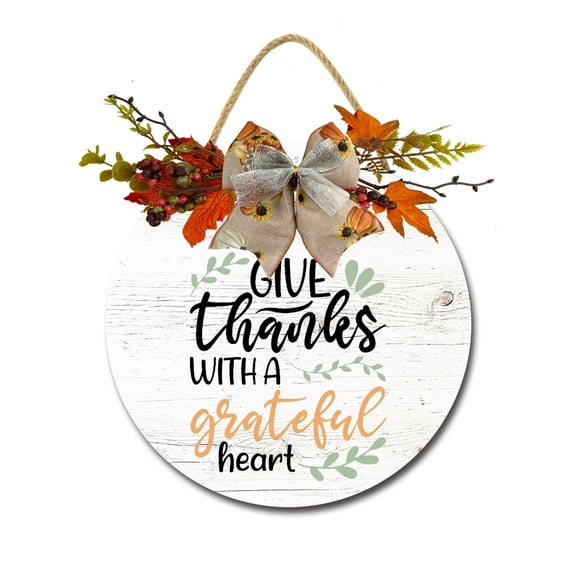 Give Thanks With A Grateful Heart Door Sign Home Decor Round Wood Wreaths Wall Hanging Sign Farmhouse Porch Sign Front Door Decoration for Housewarming Gift All Seasons Holiday