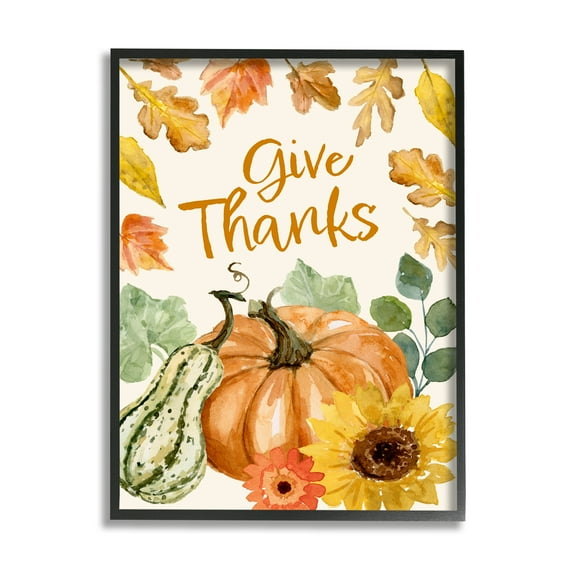 Give Thanks Harvest Gourds Leaves Autumnal Border Botanical & Floral Graphic Art Framed Art Print Wall Art