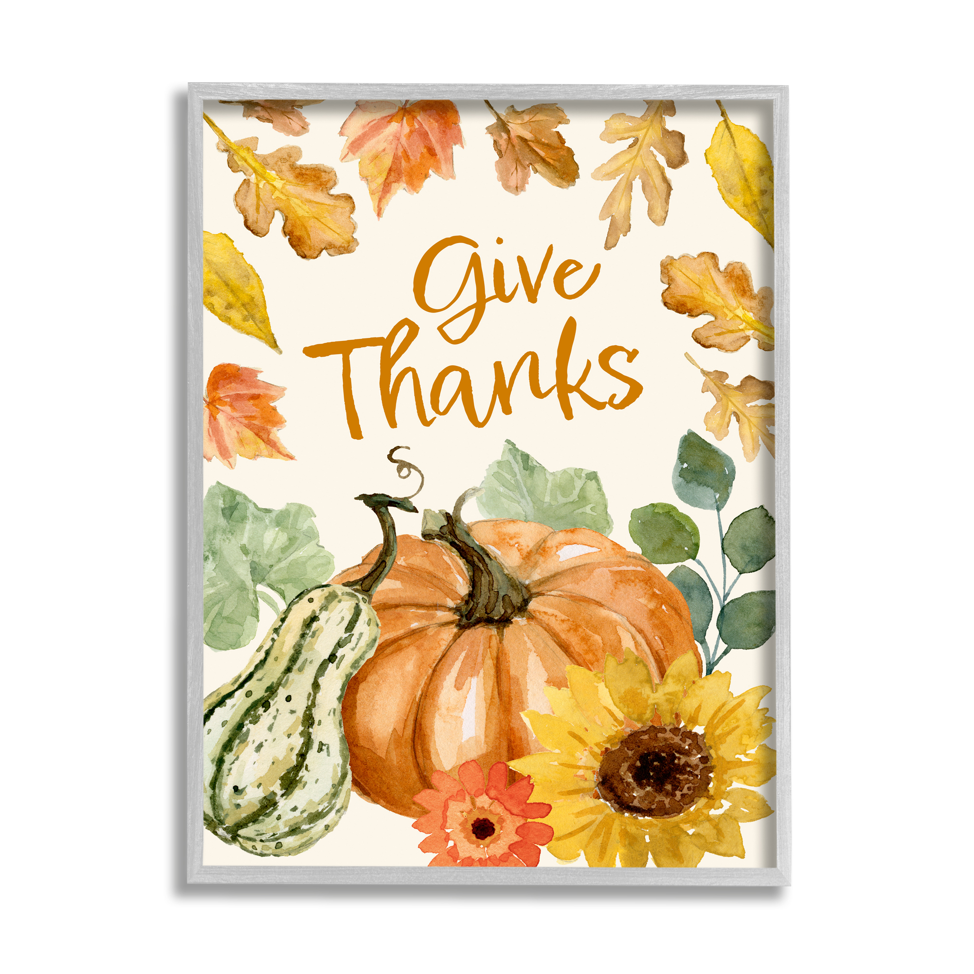 Give Thanks Harvest Gourds Leaves Autumnal Border Botanical & Floral Graphic Art Framed Art Print Wall Art