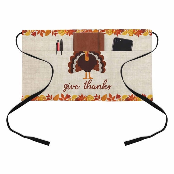 Give Thanks Kitchen Restaurant Half Waist Apron, Thanksgiving Turkey Autumn Maple Leaf Linen Server Short Apron with 3 Pockets Waterproof Oil Waist Aprons for Women Waitress Waiter