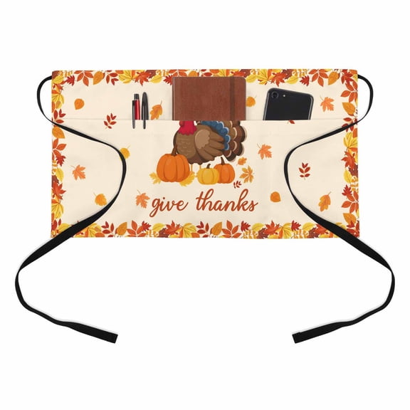 Give Thanks Kitchen Restaurant Half Waist Apron, Thanksgiving Turkey Retro Fall Maple Leaves Server Short Apron with 3 Pockets Waterproof Oil Waist Aprons for Women Waitress Waiter