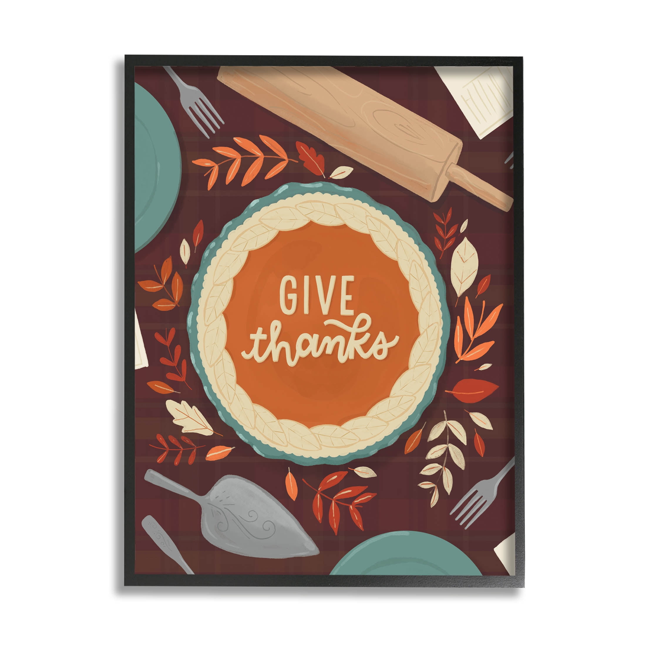 Give Thanks Kitchen Utensils Pattern Holiday Graphic Art Black Framed Art Print Wall Art