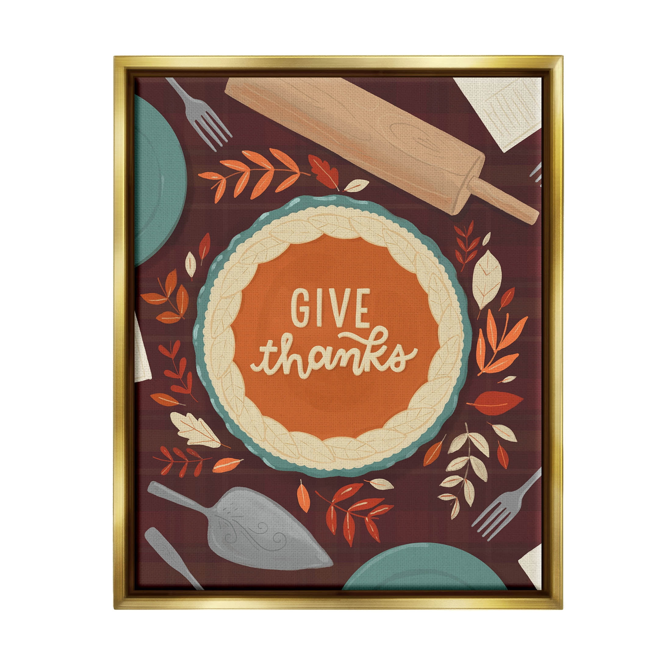 Give Thanks Kitchen Utensils Pattern Holiday Graphic Art Metallic Gold Framed Art Print Wall Art