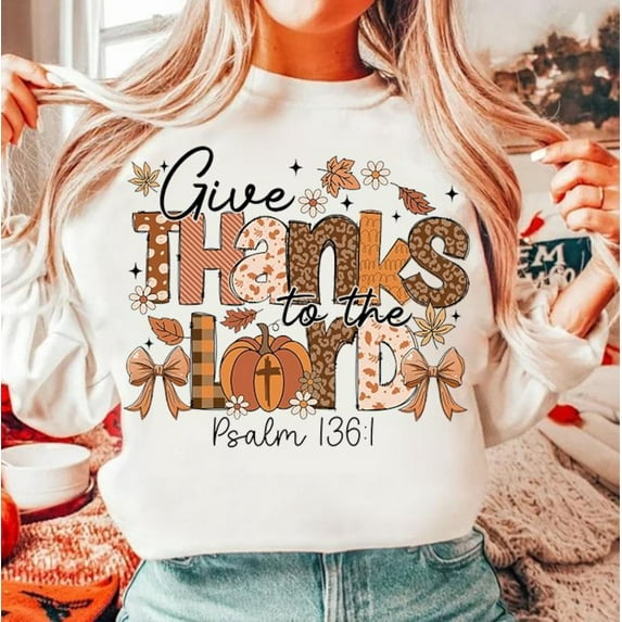 Give Thanks to the Lord Sweatshirt, Christian Fall Shirt with Leopard Pumpkin and Cross, Coquette Thanksgiving SWEAT Sweatshirt with Thankful Doodle Style