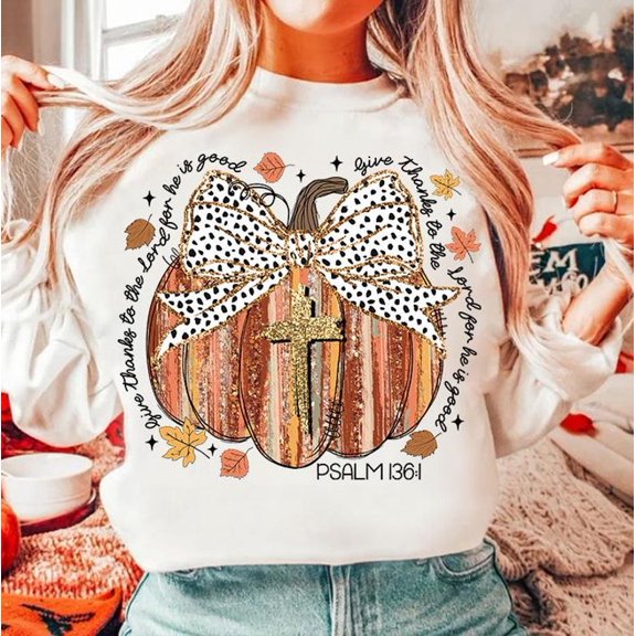 Give Thanks to the Lord Sweatshirt Psalm 136:1, Christian Thanksgiving Shirt, Colorful Glitter Pumpkin SWEAT Sweatshirt, Faith Fall Dalmatian Print Top BO120683