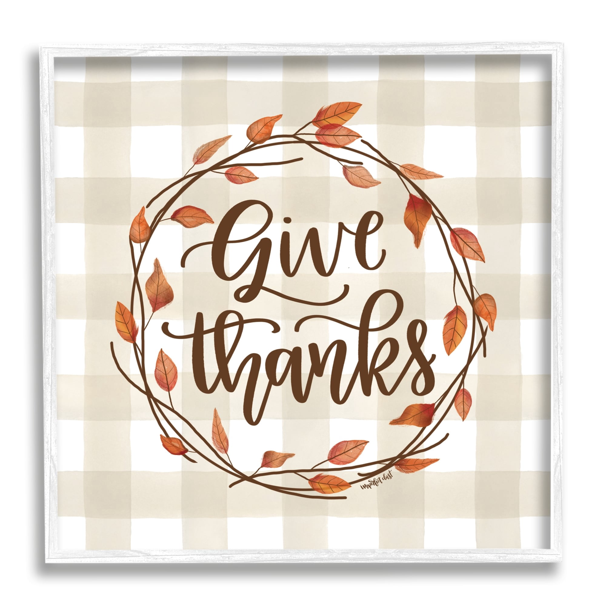Give Thanks Neutral Plaid Autumn Leaves Wreath Inspirational Graphic Art Framed Art Print Wall Art