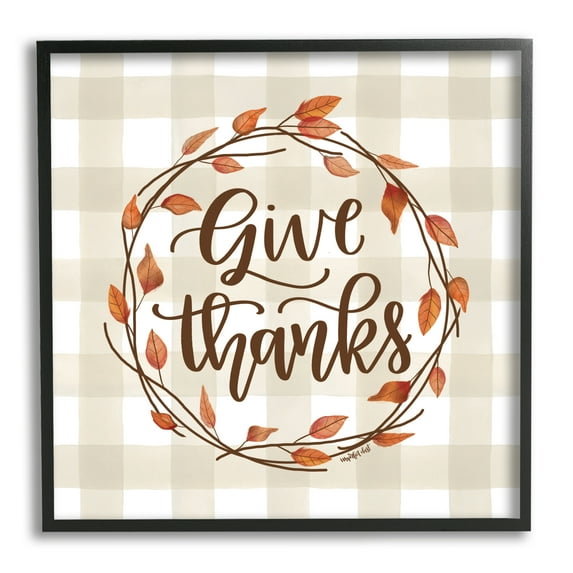 Give Thanks Neutral Plaid Autumn Leaves Wreath Inspirational Graphic Art Framed Art Print Wall Art