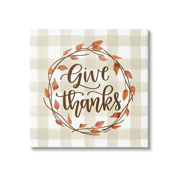 Give Thanks Neutral Plaid Autumn Leaves Wreath Inspirational Graphic Art Gallery-Wrapped Canvas Print Wall Art