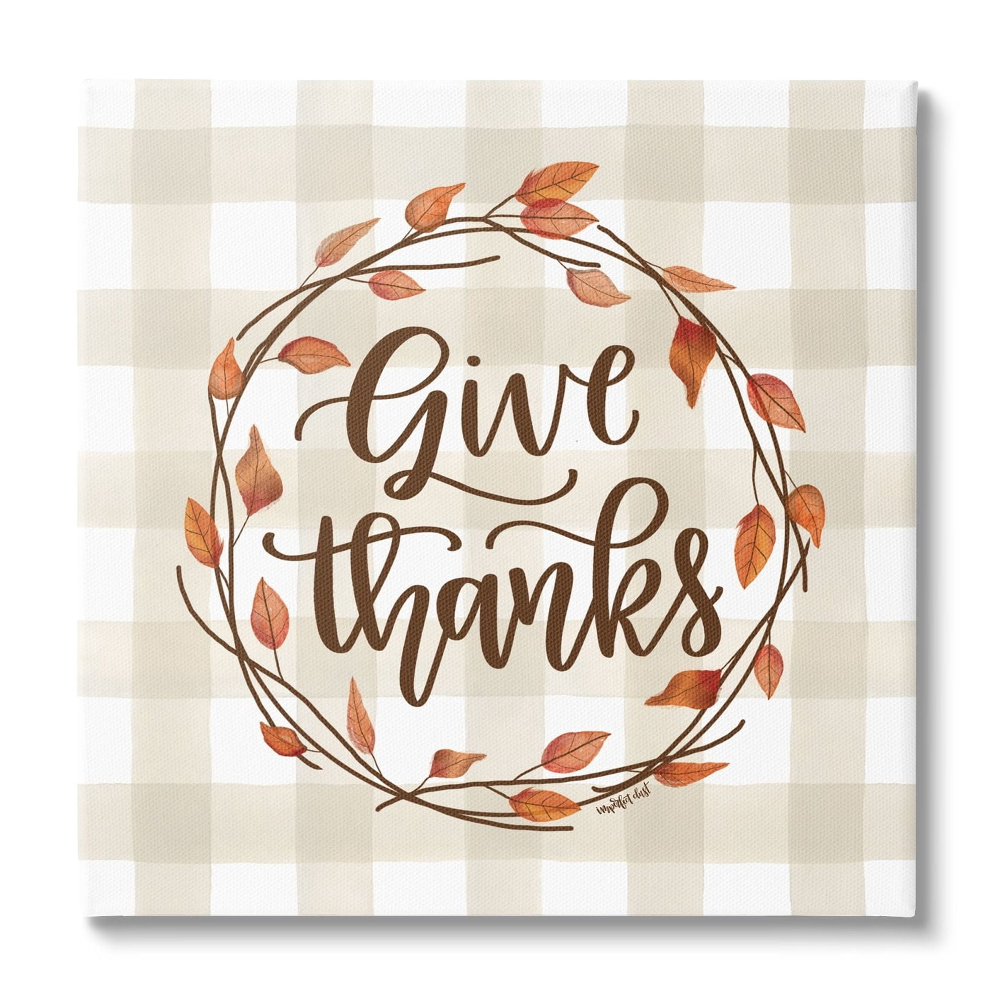 Give Thanks Neutral Plaid Autumn Leaves Wreath Inspirational Graphic Art Gallery-Wrapped Canvas Print Wall Art