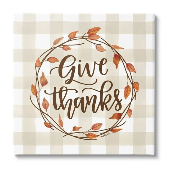 Give Thanks Neutral Plaid Autumn Leaves Wreath Inspirational Graphic Art Gallery-Wrapped Canvas Print Wall Art
